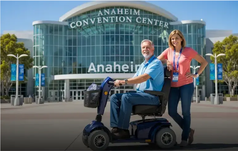 Smiling man using a mobility scooter rental from Cloud of Goods at the Anaheim Convention Center